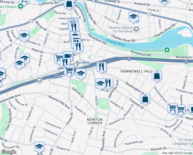 map of restaurants, bars, coffee shops, grocery stores, and more near 41 Park Street in Newton