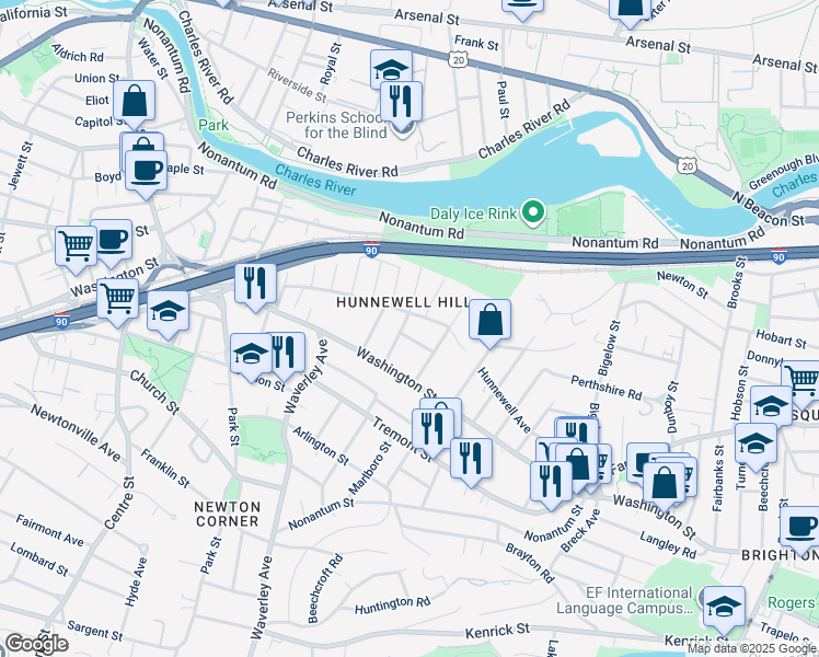map of restaurants, bars, coffee shops, grocery stores, and more near 114 Grasmere Street in Newton
