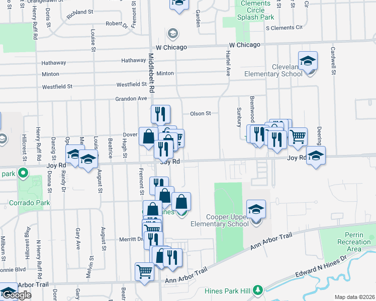 map of restaurants, bars, coffee shops, grocery stores, and more near 8854 Oxbow Street in Livonia