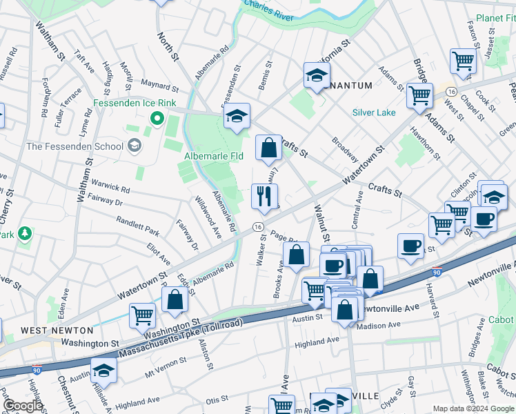 map of restaurants, bars, coffee shops, grocery stores, and more near 11 Edinboro Terrace in Newton