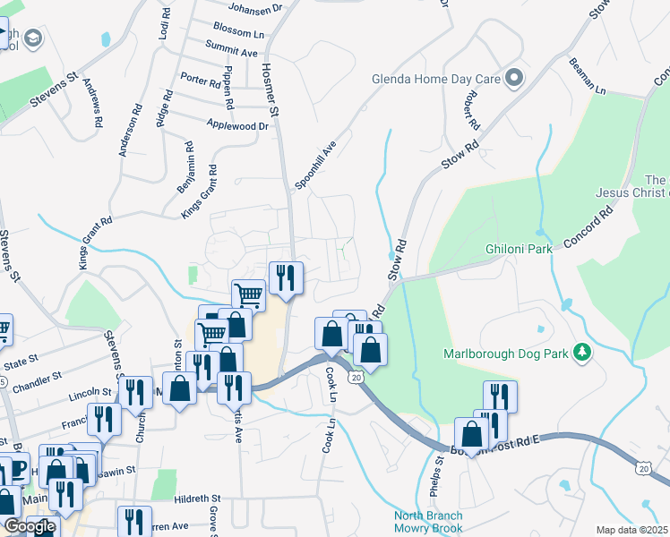 map of restaurants, bars, coffee shops, grocery stores, and more near 18 Briarwood Lane in Marlborough