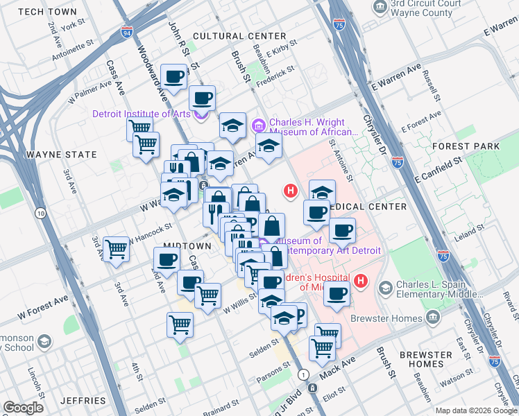 map of restaurants, bars, coffee shops, grocery stores, and more near 106 East Forest Avenue in Detroit