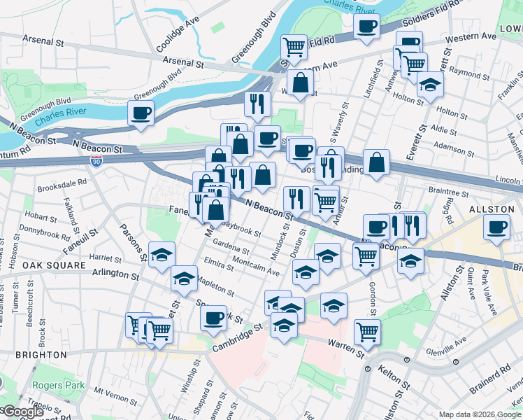 map of restaurants, bars, coffee shops, grocery stores, and more near 168 North Beacon Street in Boston