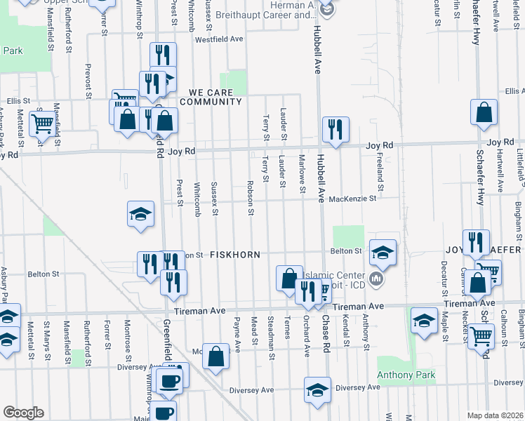 map of restaurants, bars, coffee shops, grocery stores, and more near 8335 Robson Street in Detroit