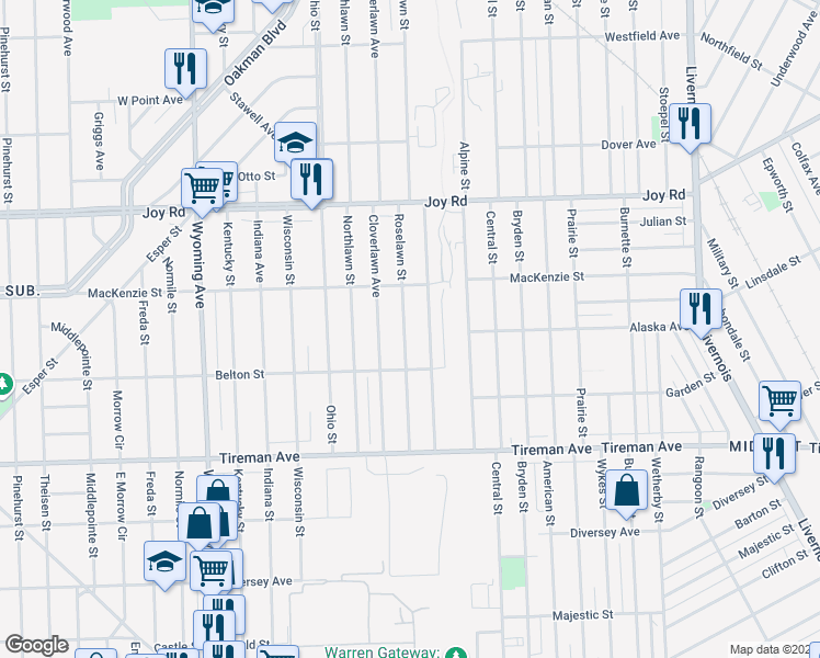 map of restaurants, bars, coffee shops, grocery stores, and more near 8278 Roselawn Street in Detroit