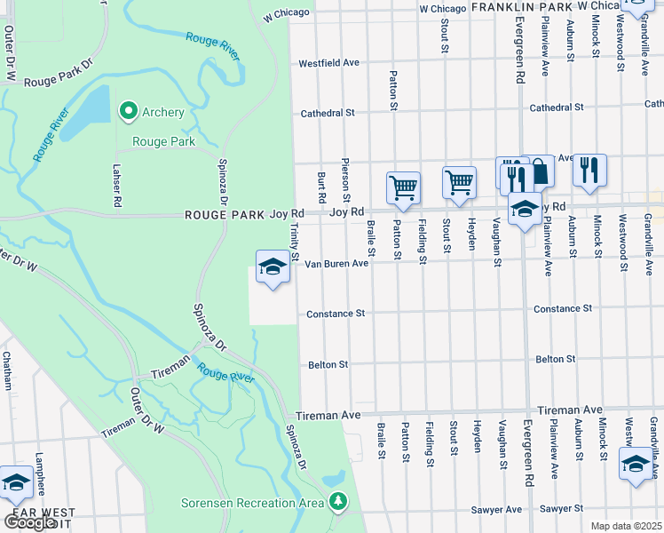 map of restaurants, bars, coffee shops, grocery stores, and more near 8512 Burt Road in Detroit