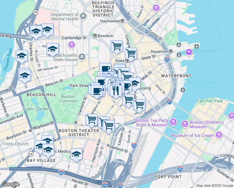 map of restaurants, bars, coffee shops, grocery stores, and more near 45 Franklin Street in Boston