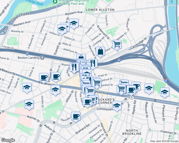 map of restaurants, bars, coffee shops, grocery stores, and more near 16 Highgate Street in Boston