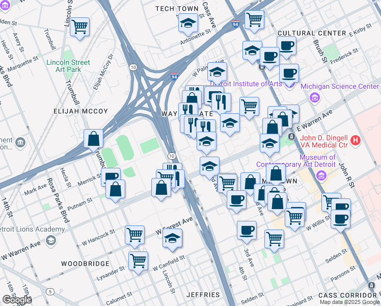 map of restaurants, bars, coffee shops, grocery stores, and more near 5105 Anthony Wayne Drive in Detroit