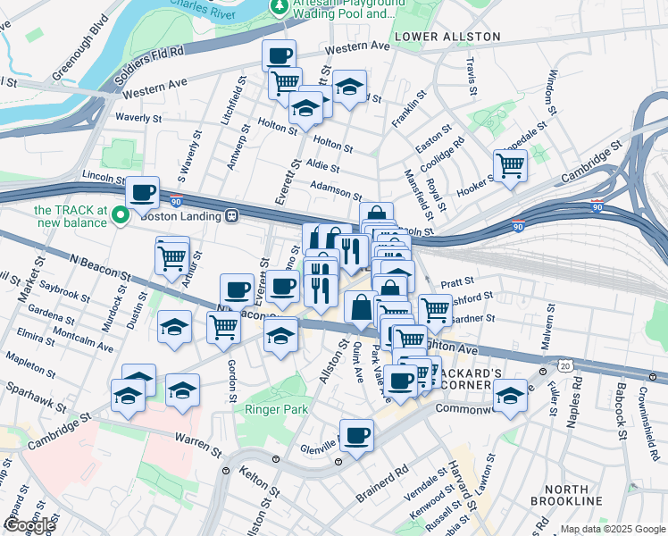 map of restaurants, bars, coffee shops, grocery stores, and more near 15 Denby Road in Boston