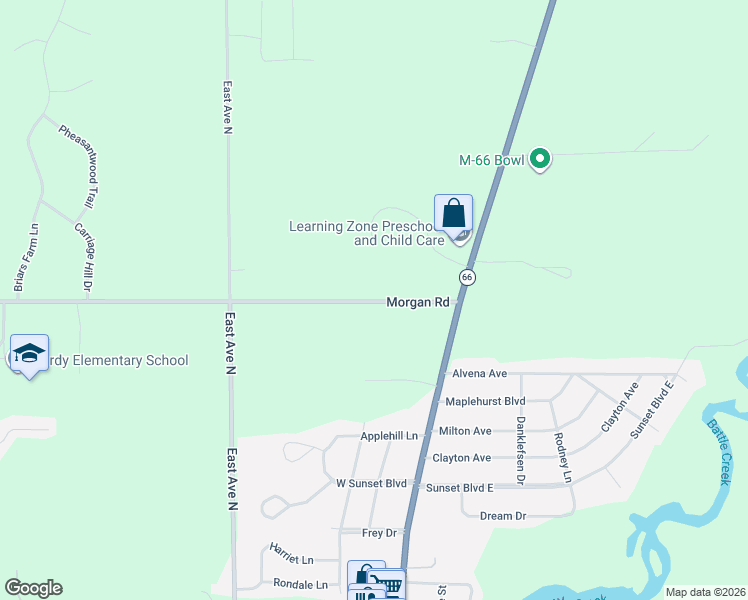 map of restaurants, bars, coffee shops, grocery stores, and more near 7445 Morgan Road East in Battle Creek