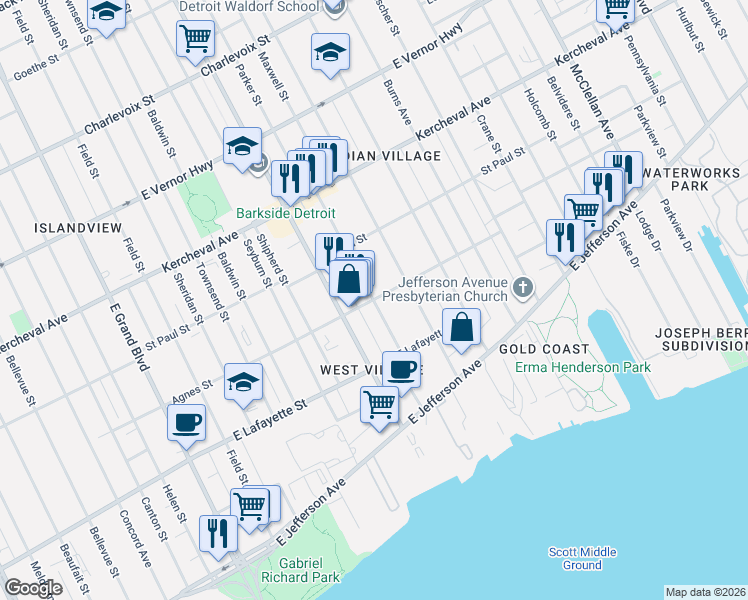 map of restaurants, bars, coffee shops, grocery stores, and more near Parker St & Agnes St in Detroit