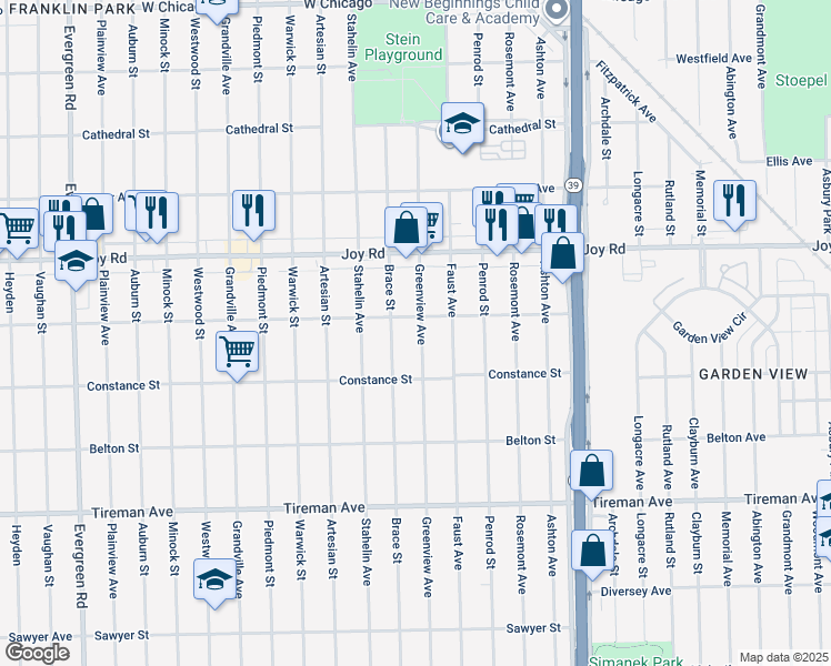 map of restaurants, bars, coffee shops, grocery stores, and more near 8486 Brace Street in Detroit