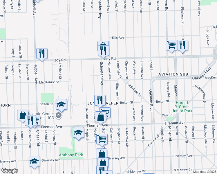 map of restaurants, bars, coffee shops, grocery stores, and more near 8323 Hartwell St in Detroit