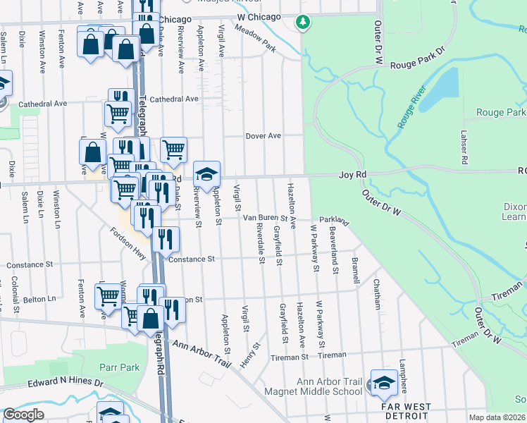 map of restaurants, bars, coffee shops, grocery stores, and more near 8612 Riverdale Street in Dearborn Heights