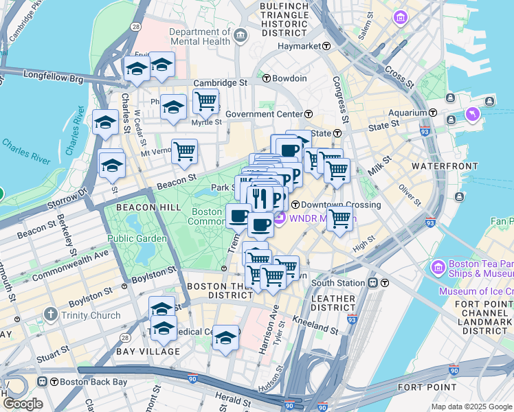 map of restaurants, bars, coffee shops, grocery stores, and more near 11 Temple Place in Boston