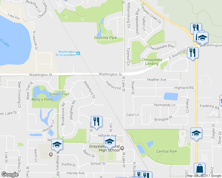 map of restaurants, bars, coffee shops, grocery stores, and more near 37 Highland Road in Grayslake