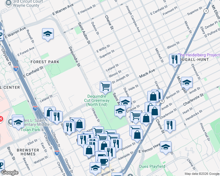 map of restaurants, bars, coffee shops, grocery stores, and more near 3627 Saint Aubin Street in Detroit