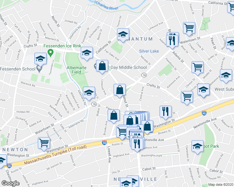 map of restaurants, bars, coffee shops, grocery stores, and more near 608 Watertown Street in Newton