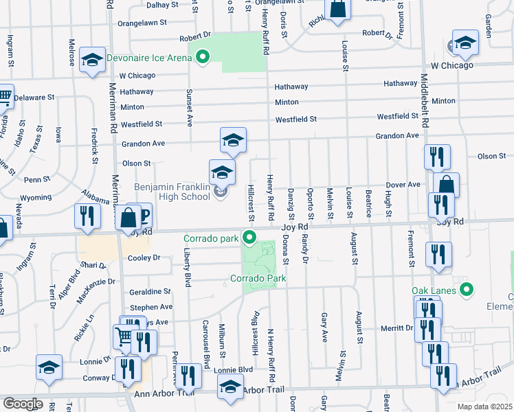 map of restaurants, bars, coffee shops, grocery stores, and more near 8880 Hillcrest Street in Livonia