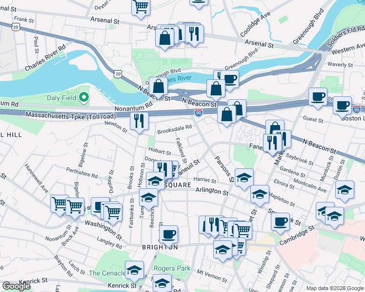map of restaurants, bars, coffee shops, grocery stores, and more near 37-39 Falkland Street in Boston