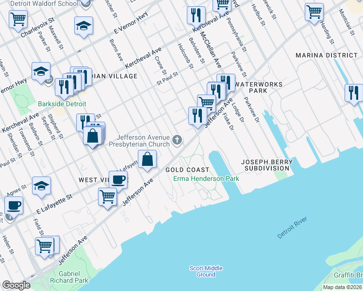 map of restaurants, bars, coffee shops, grocery stores, and more near 8643 East Jefferson Avenue in Detroit
