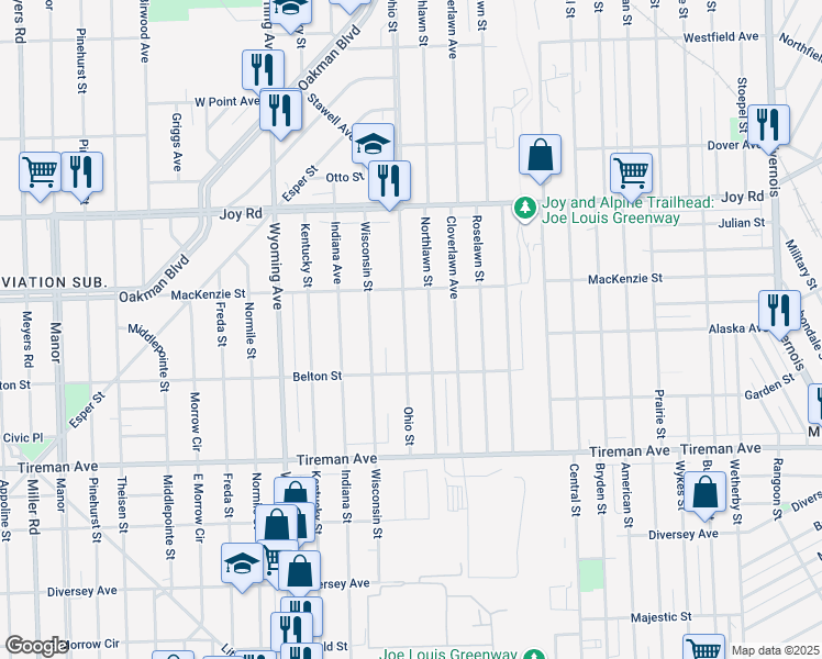 map of restaurants, bars, coffee shops, grocery stores, and more near 8286 Ohio Street in Detroit