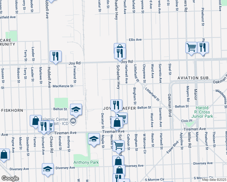 map of restaurants, bars, coffee shops, grocery stores, and more near 8332 Carlin Street in Detroit