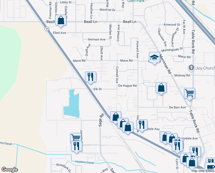 map of restaurants, bars, coffee shops, grocery stores, and more near 123 Elk Street in Medford