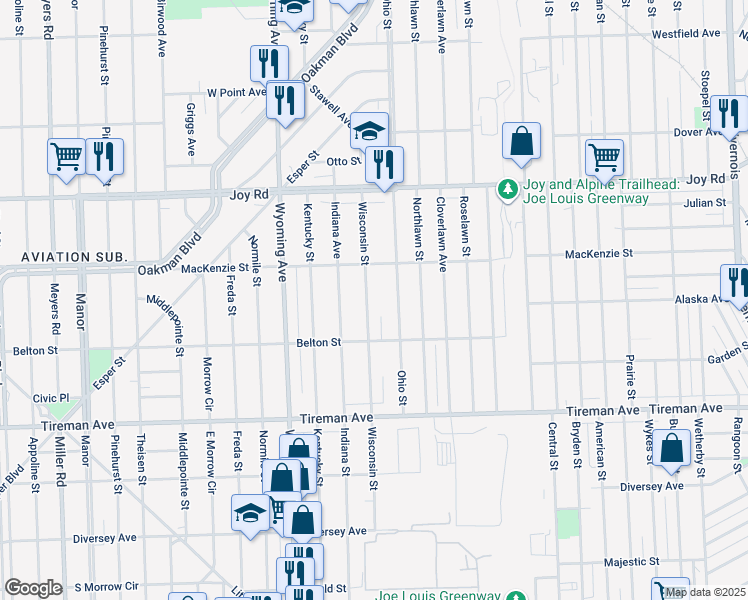 map of restaurants, bars, coffee shops, grocery stores, and more near 8284 Wisconsin Street in Detroit