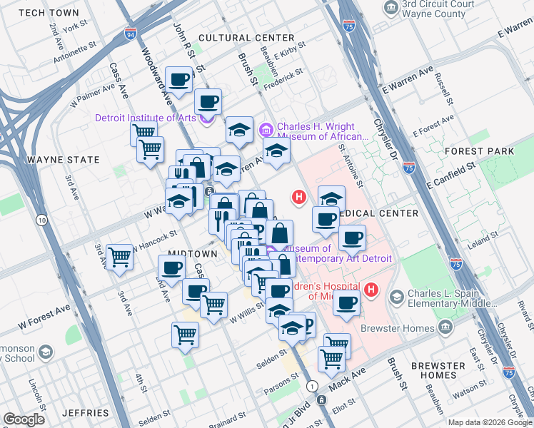 map of restaurants, bars, coffee shops, grocery stores, and more near 106 East Forest Avenue in Detroit