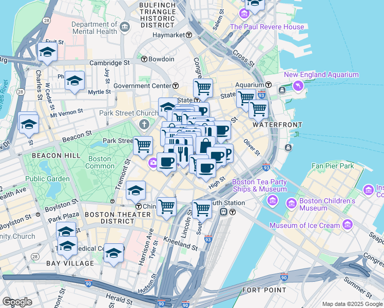 map of restaurants, bars, coffee shops, grocery stores, and more near 75 Arch Street in Boston