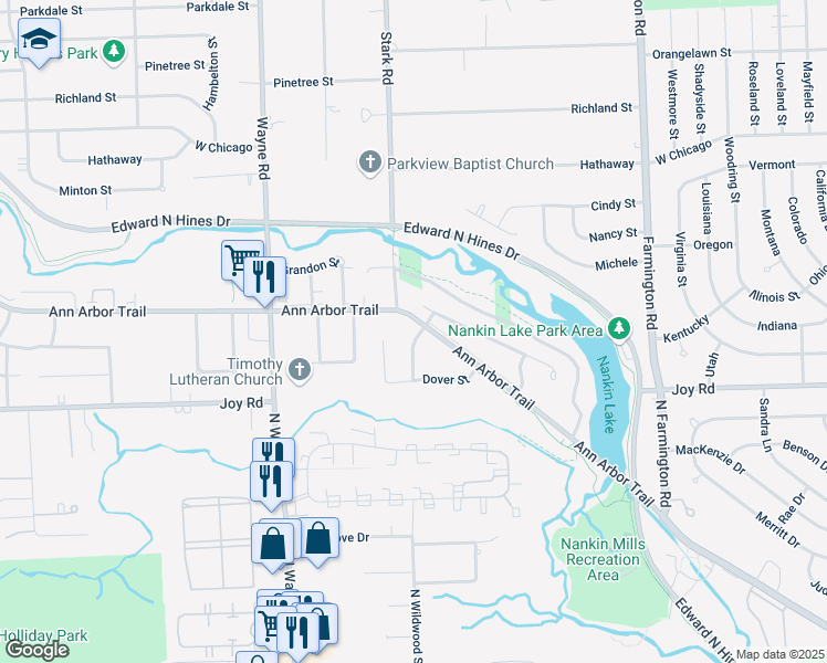 map of restaurants, bars, coffee shops, grocery stores, and more near 8945 Norwich Street in Livonia