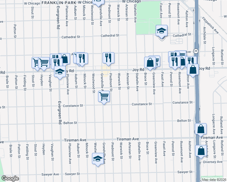 map of restaurants, bars, coffee shops, grocery stores, and more near 8499 Warwick Street in Detroit