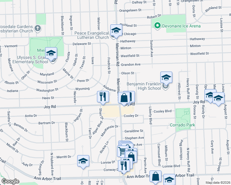 map of restaurants, bars, coffee shops, grocery stores, and more near 8885 Merriman Road in Livonia