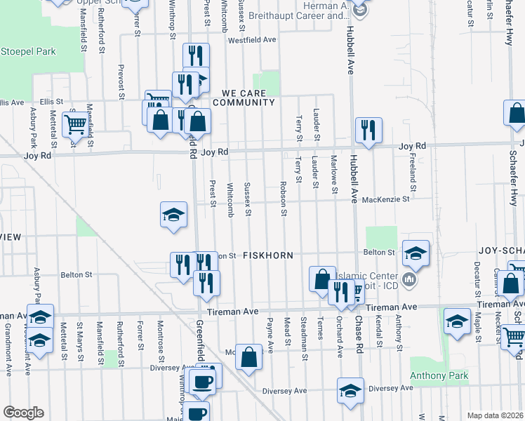 map of restaurants, bars, coffee shops, grocery stores, and more near 8341 Coyle Street in Detroit