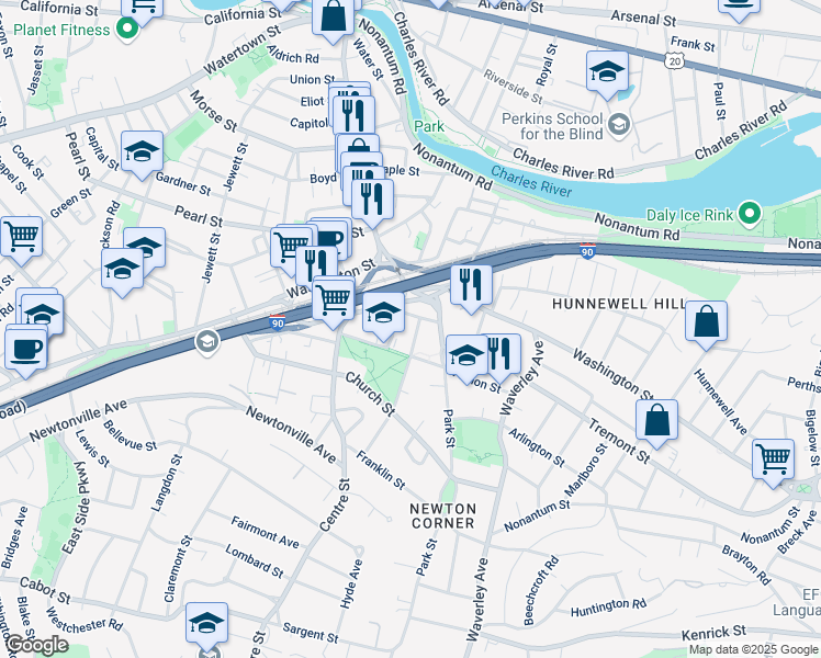 map of restaurants, bars, coffee shops, grocery stores, and more near 8 Baldwin Street in Newton