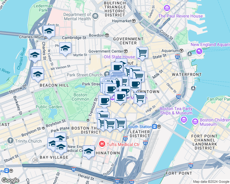 map of restaurants, bars, coffee shops, grocery stores, and more near 450 Washington Street in Boston