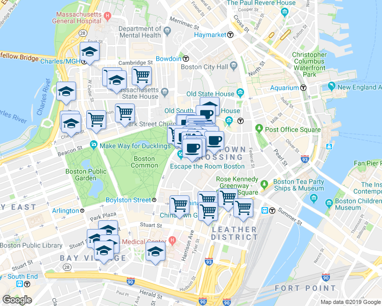 map of restaurants, bars, coffee shops, grocery stores, and more near 450 Washington Street in Boston