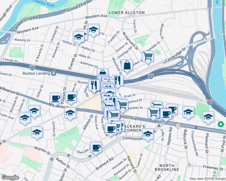 map of restaurants, bars, coffee shops, grocery stores, and more near 16 Highgate Street in Boston