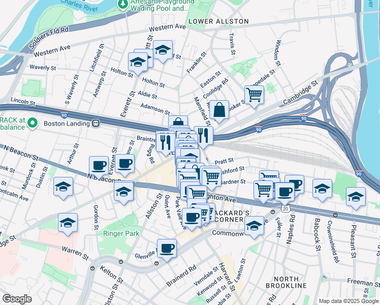 map of restaurants, bars, coffee shops, grocery stores, and more near 16 Highgate Street in Boston