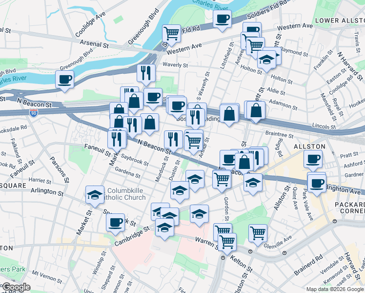 map of restaurants, bars, coffee shops, grocery stores, and more near 35 Hichborn Street in Boston