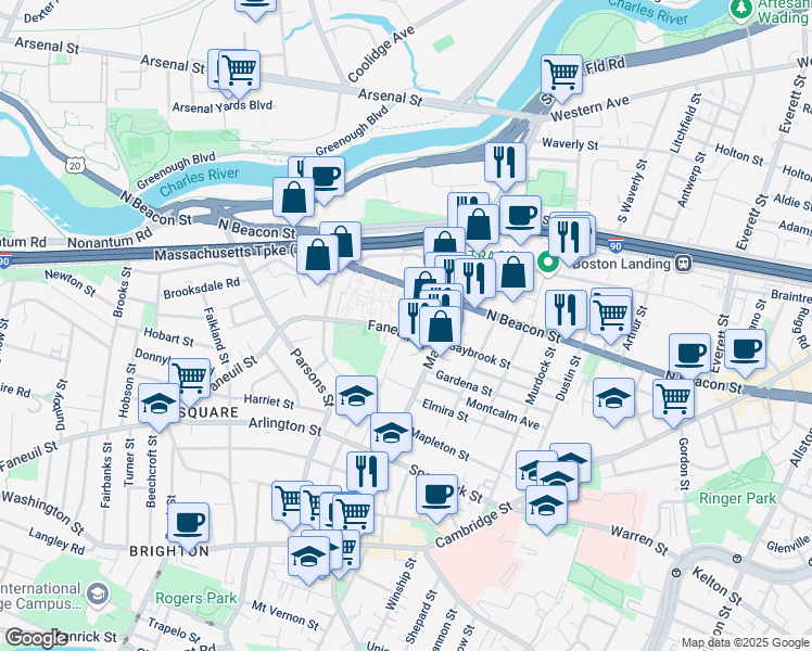 map of restaurants, bars, coffee shops, grocery stores, and more near 27 Faneuil Street in Boston