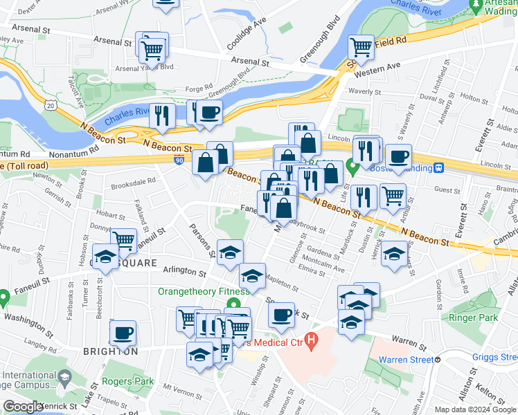 map of restaurants, bars, coffee shops, grocery stores, and more near 27 Faneuil Street in Boston