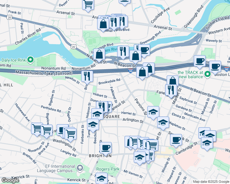map of restaurants, bars, coffee shops, grocery stores, and more near 37-39 Falkland Street in Boston