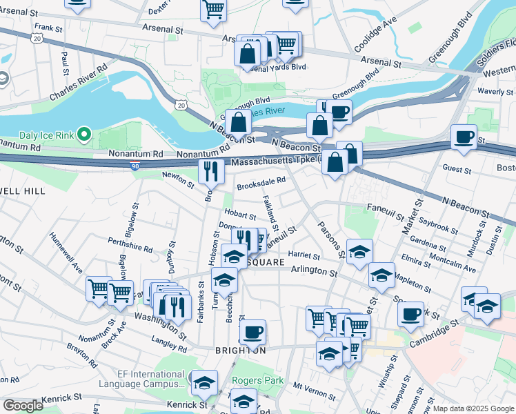 map of restaurants, bars, coffee shops, grocery stores, and more near 20 Corinne Road in Boston