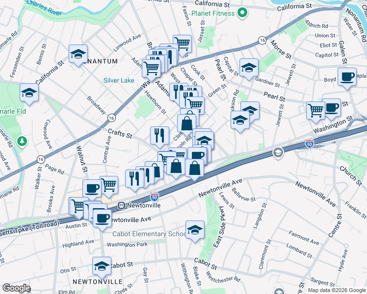 map of restaurants, bars, coffee shops, grocery stores, and more near 40 Lincoln Road in Newton