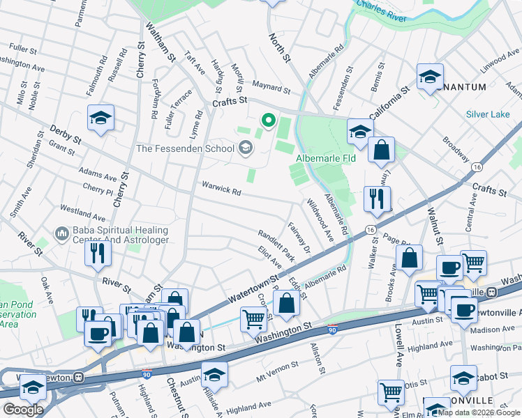 map of restaurants, bars, coffee shops, grocery stores, and more near 111 Fairway Drive in Newton