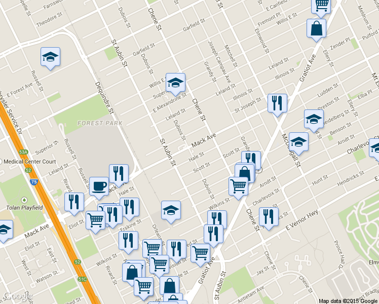 map of restaurants, bars, coffee shops, grocery stores, and more near 2162 Mack Avenue in Detroit
