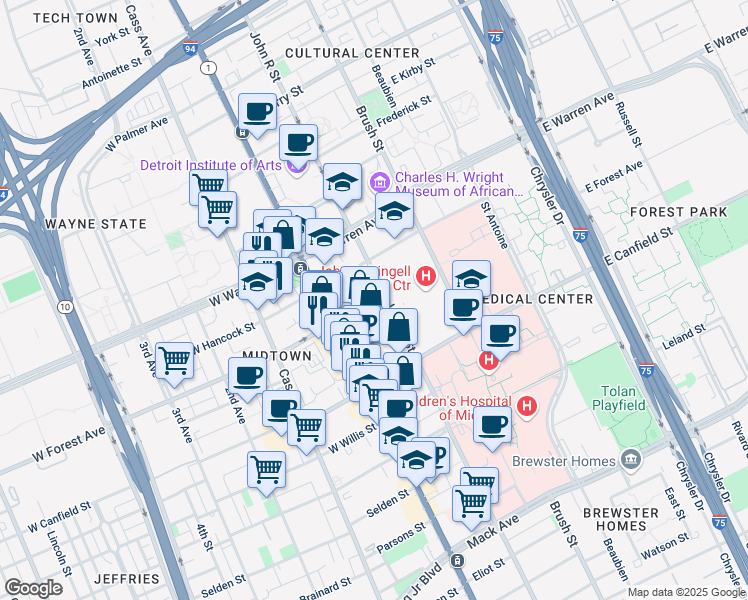 map of restaurants, bars, coffee shops, grocery stores, and more near 106 East Forest Avenue in Detroit